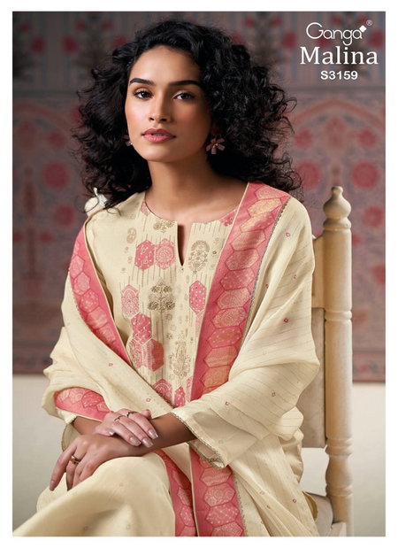 Malina 3159 By Ganga Silk Jacouard Printed With Hand Embroidery Dress Material Wholesale Price In Surat